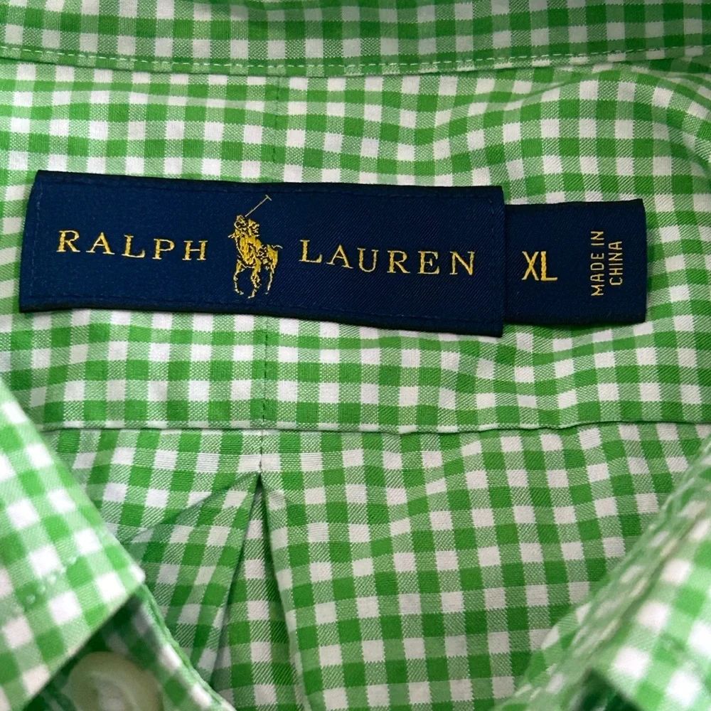 Ralph Lauren Button Down Checkered Long Sleeve Shirt Green Men's XL Orange Pony - Picture 5 of 7